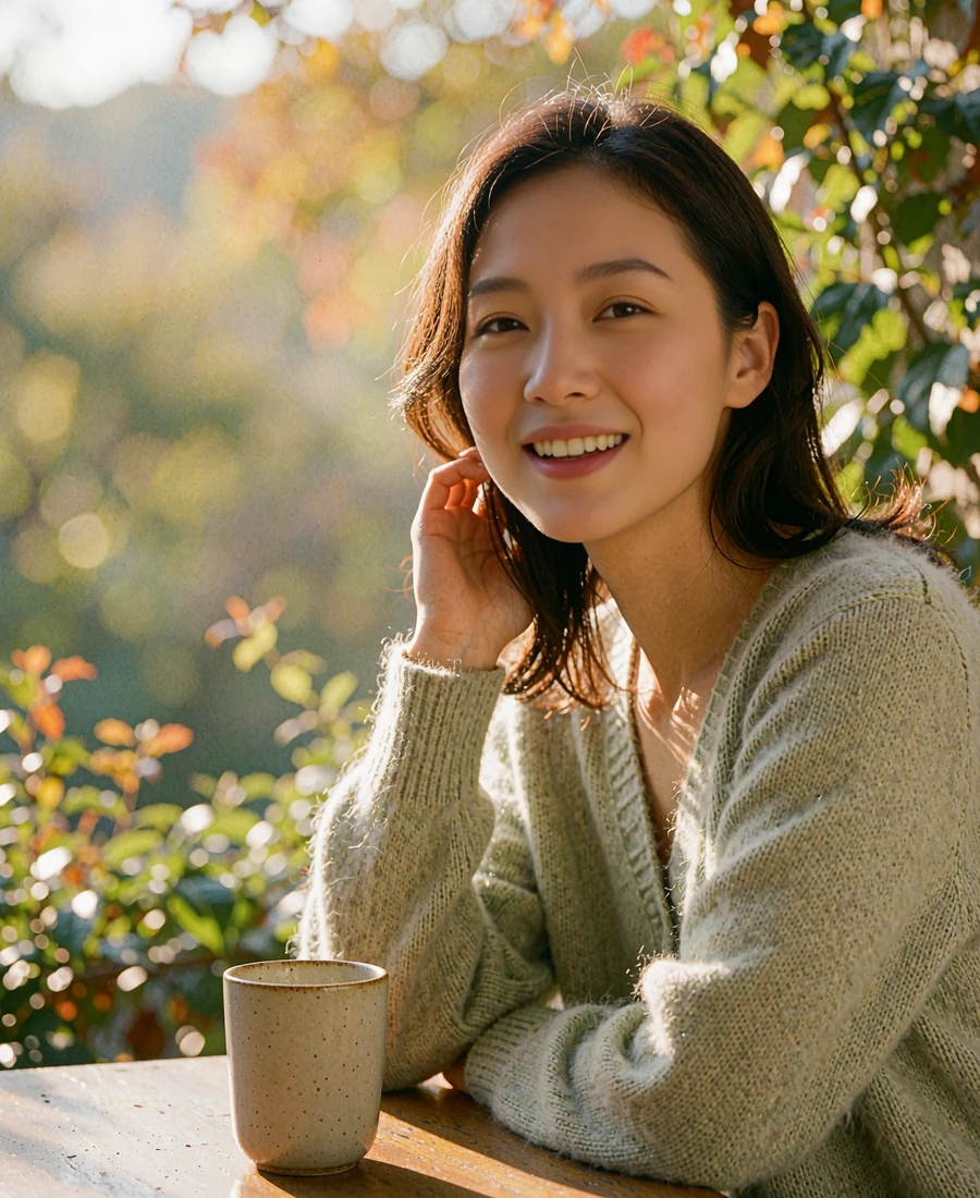 Korean member in a sage cardigan laughing on a leafy café terrace with a ceramic cup nearby