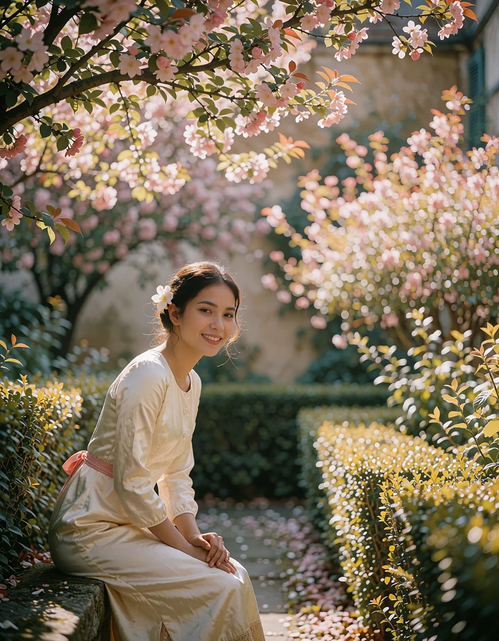 Cambodian woman seated on a stone ledge in a quiet courtyard garden with a warm relaxed smile