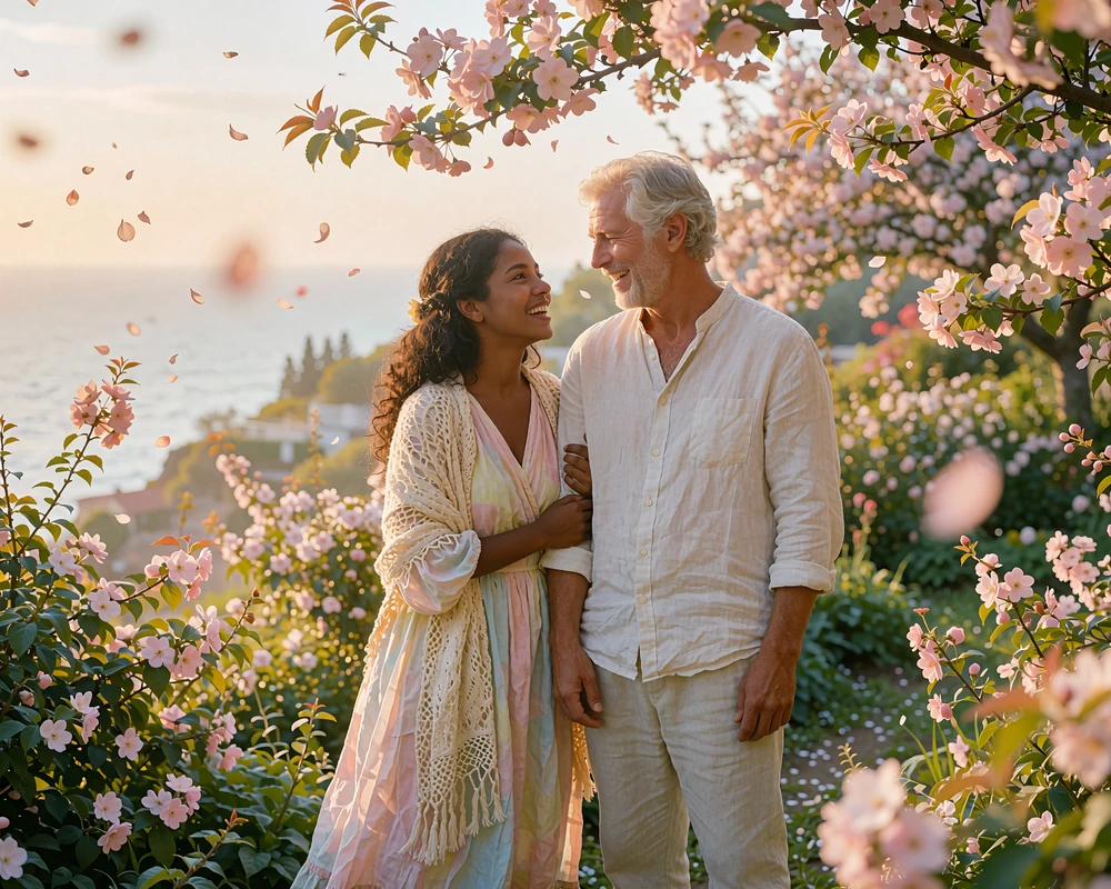 Couple standing together on a garden overlook above the sea, laughing softly
