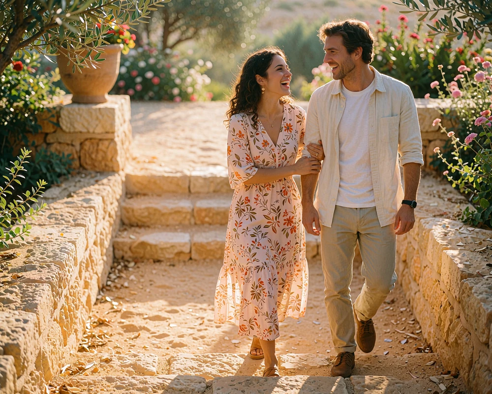 Couple walking down sunlit sandstone steps together, laughing