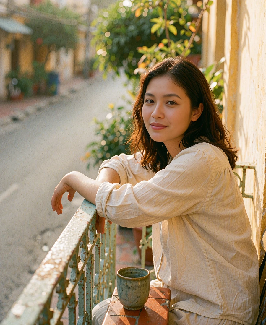 Vietnamese member in a cream cotton blouse seated on a narrow balcony with a small coffee cup
