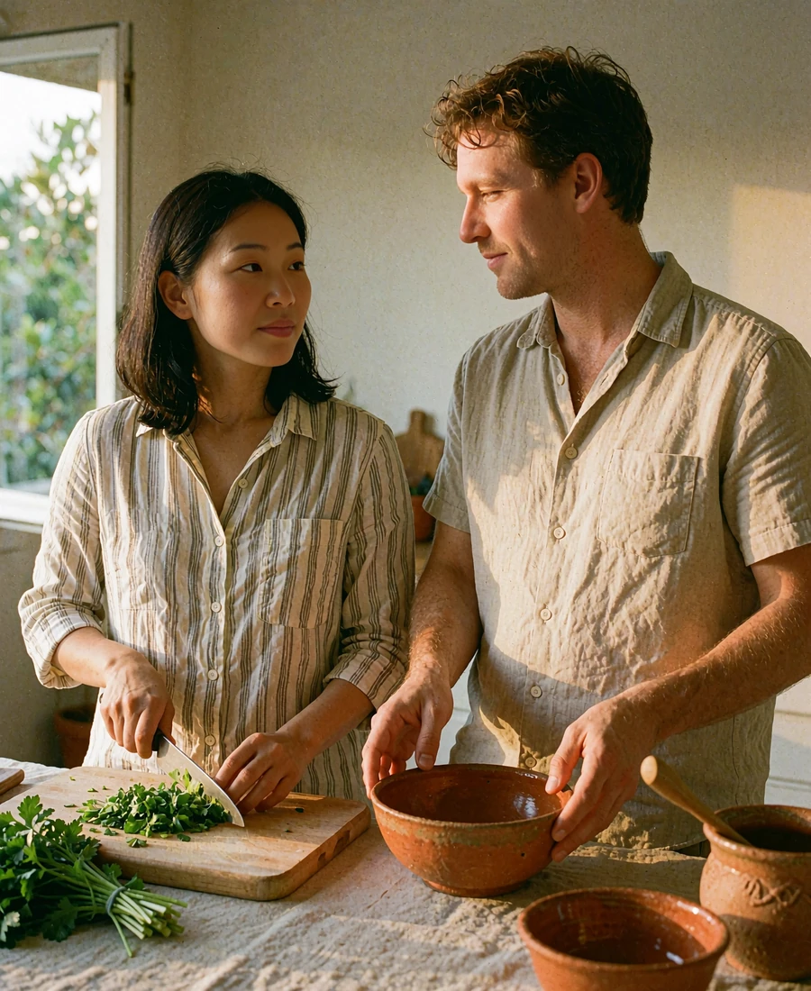 An Asian woman and a Western man cooking together at a home kitchen counter, talking easily