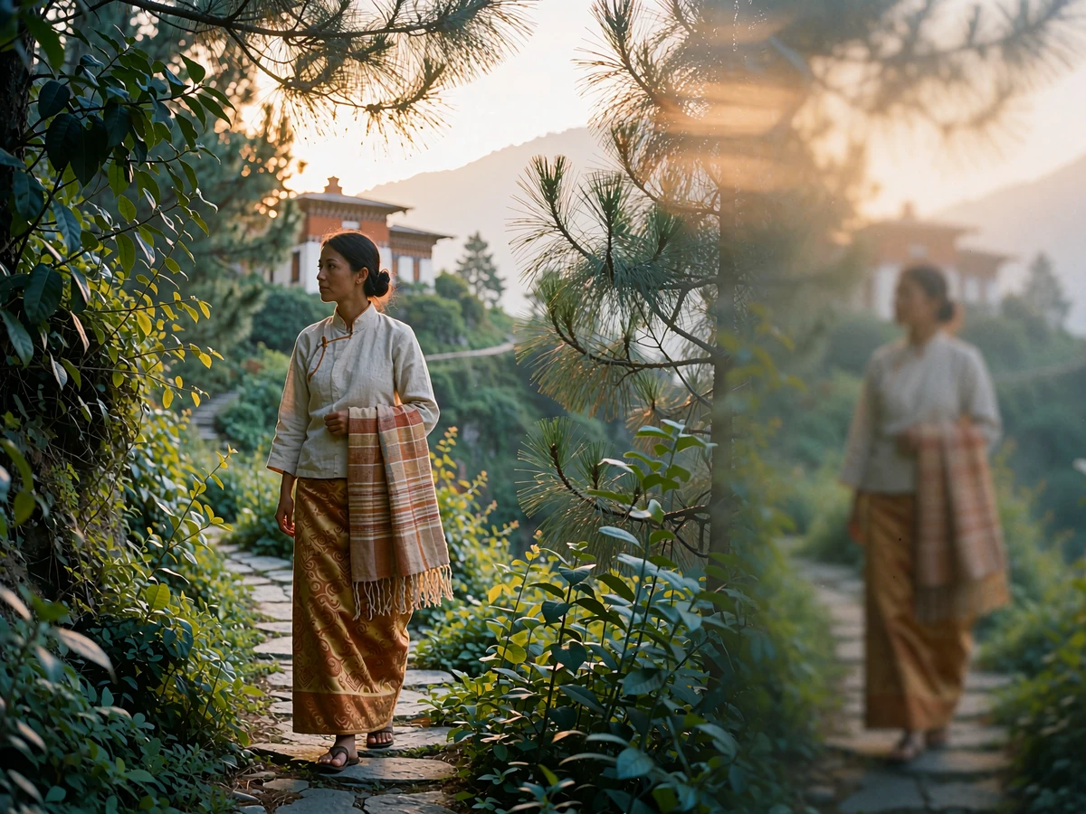 Bhutanese woman walking a pine-lined stone path toward a distant hillside building in soft mountain light