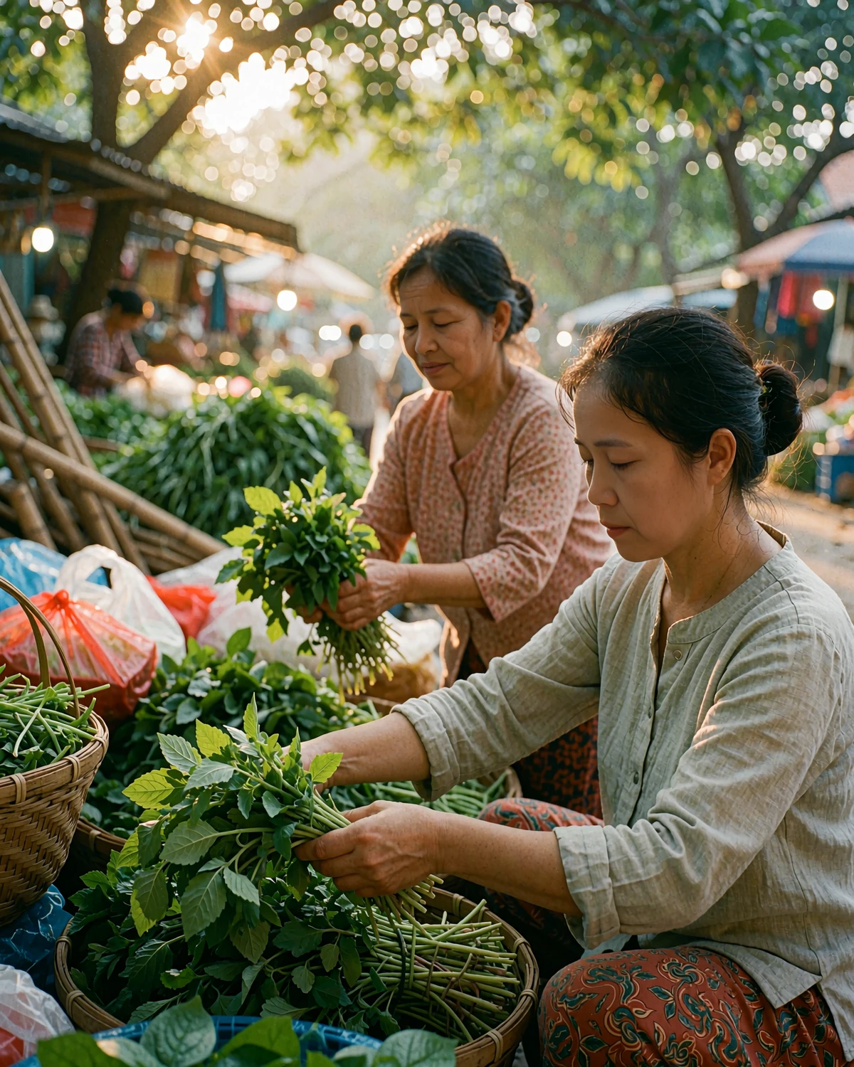 Vietnamese woman selecting fresh herbs at an open-air morning market while a vendor hands her a bundle