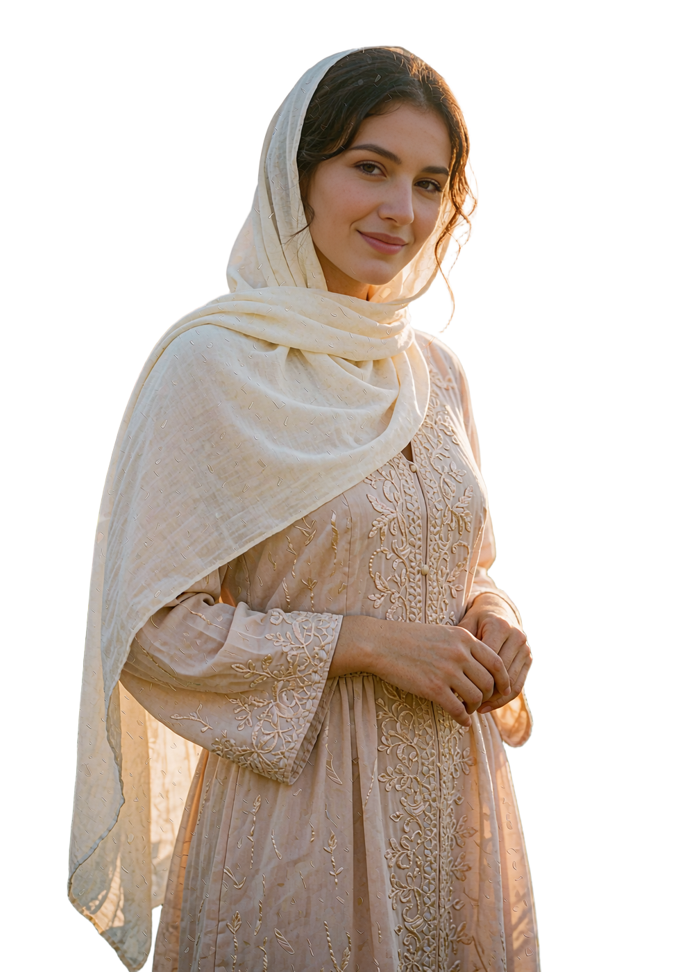 Graceful Jordanian woman in an ivory headscarf and sand-toned dress with a warm gentle smile