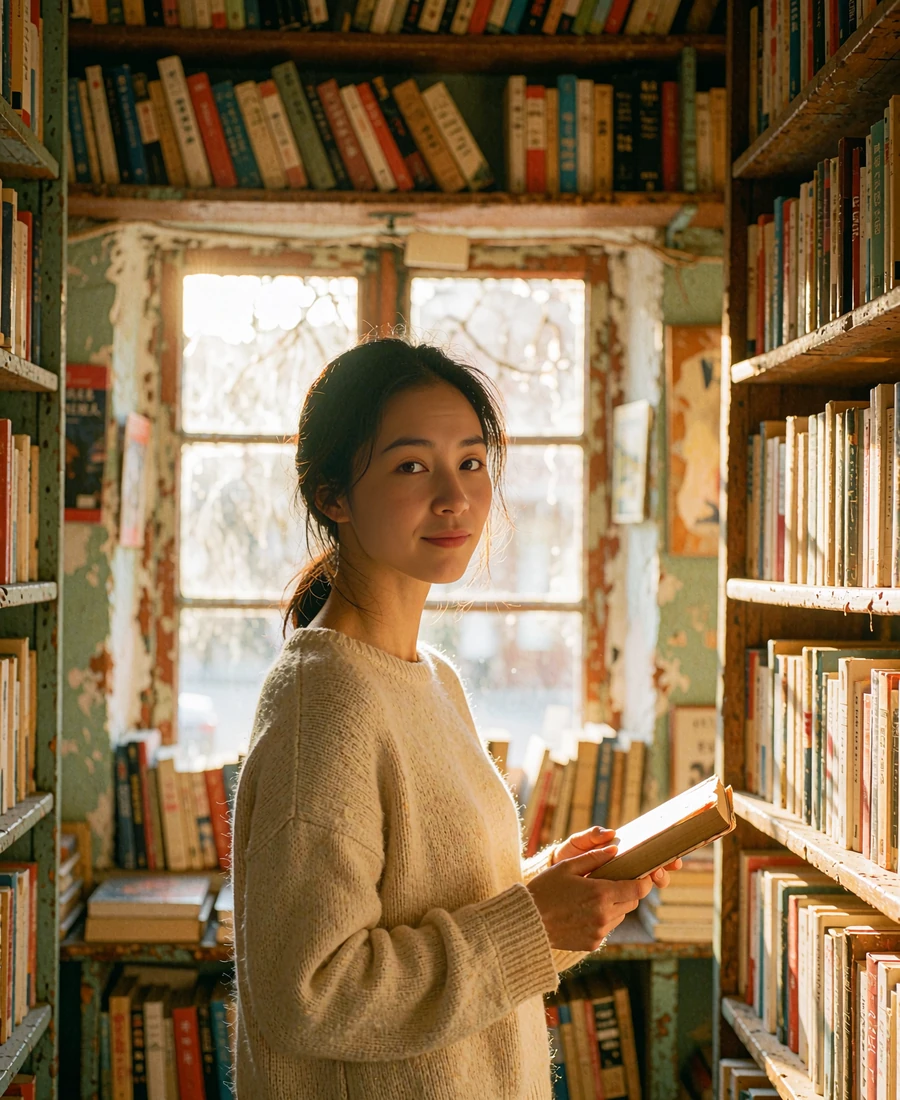 Chinese woman in a cream knit sweater holding a book in a warmly lit bookshop aisle