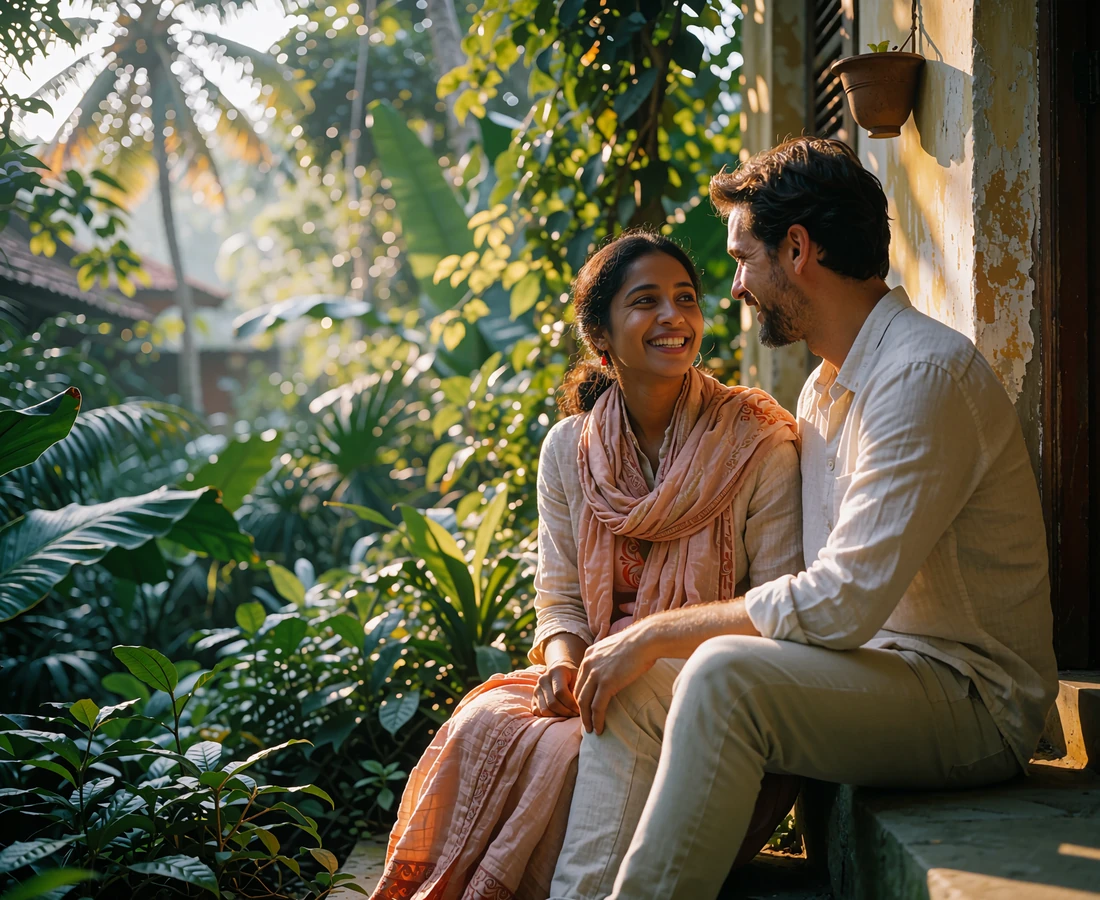Bangladeshi woman and her partner sharing a quiet laugh together on a garden veranda at dusk