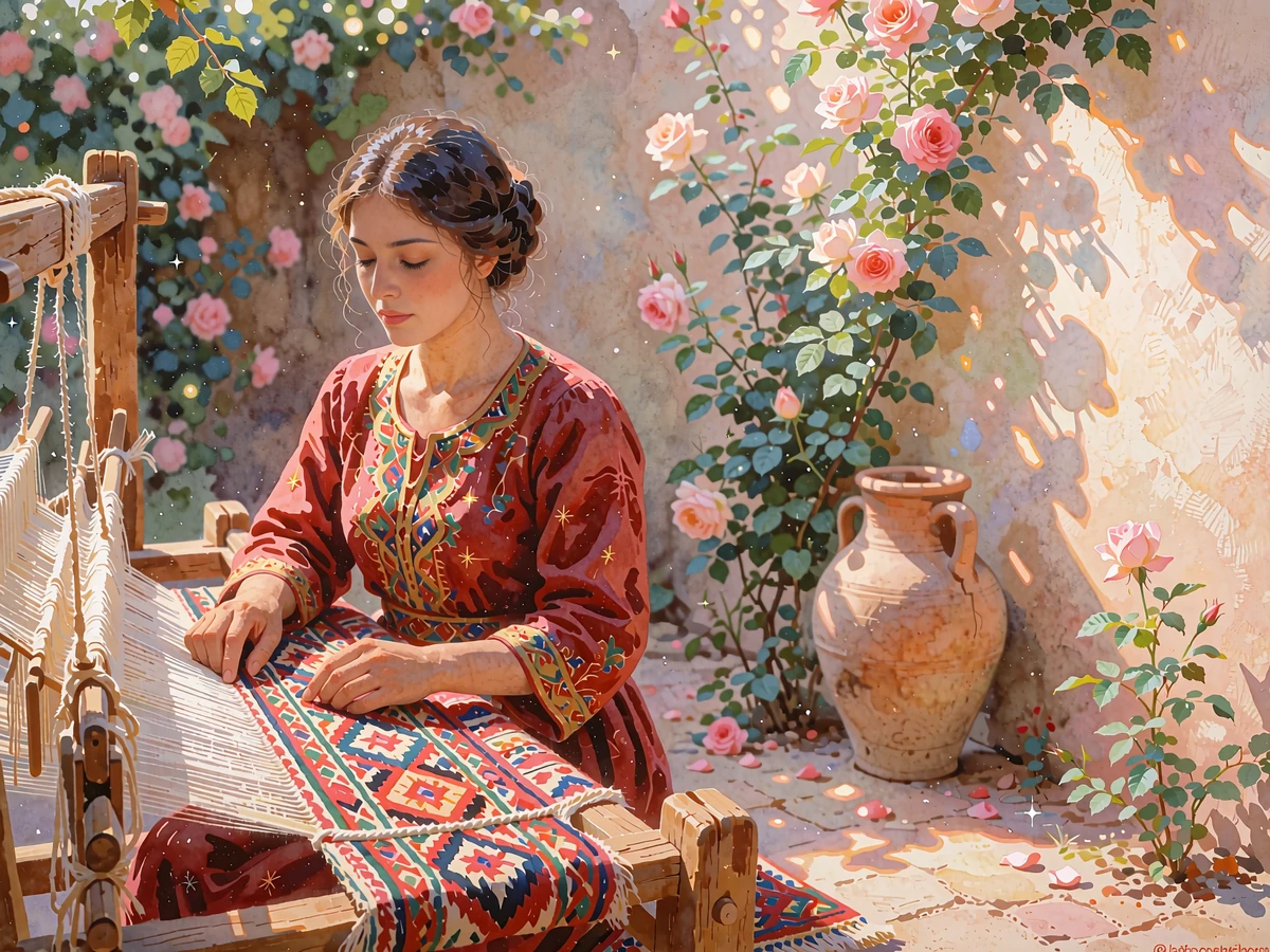 Turkmen woman in an embroidered crimson dress seated at a wooden loom in a rose-filled courtyard