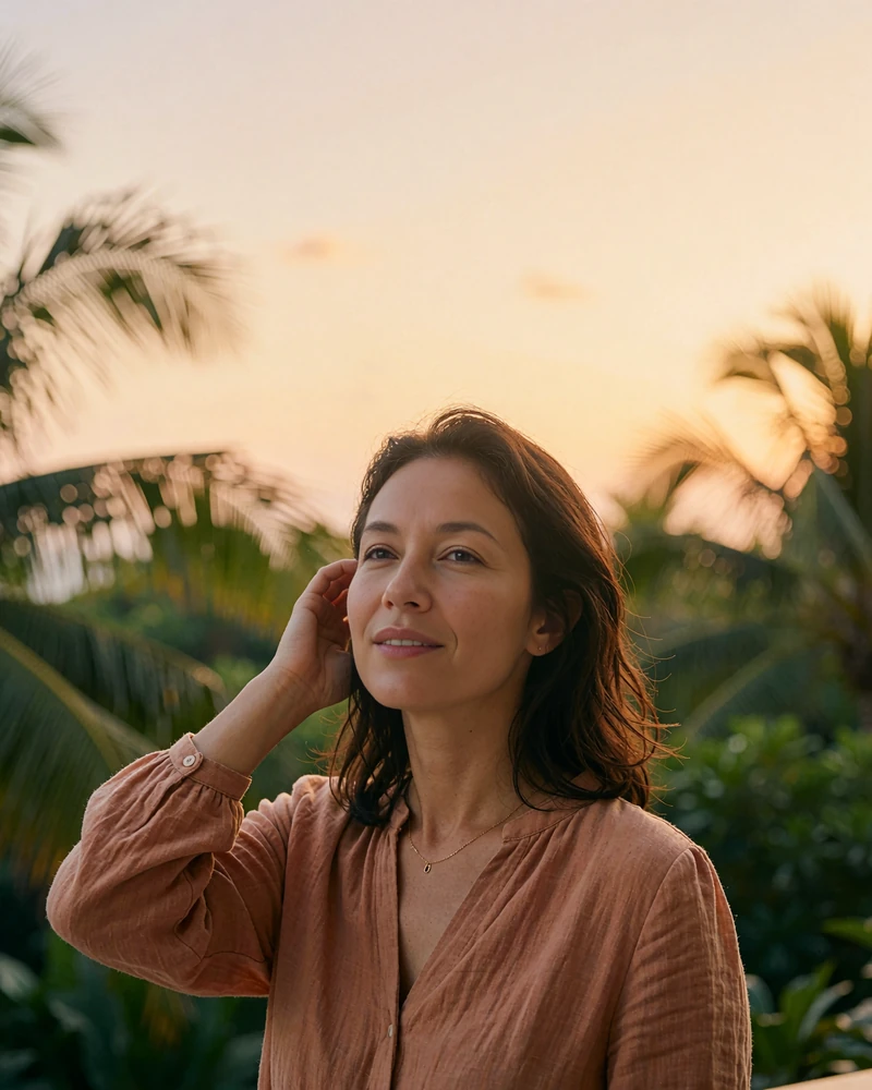 Malaysian woman in a terracotta blouse standing on a hotel terrace at sunset