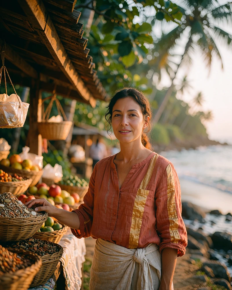 Sri Lankan member in a terracotta blouse standing beside baskets of spices at a shaded market stall