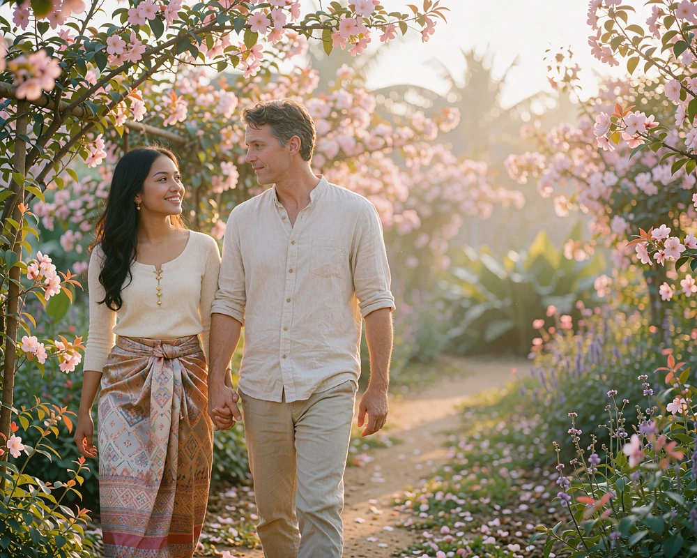 Couple walking hand in hand along a blossom-lined garden path in warm afternoon light