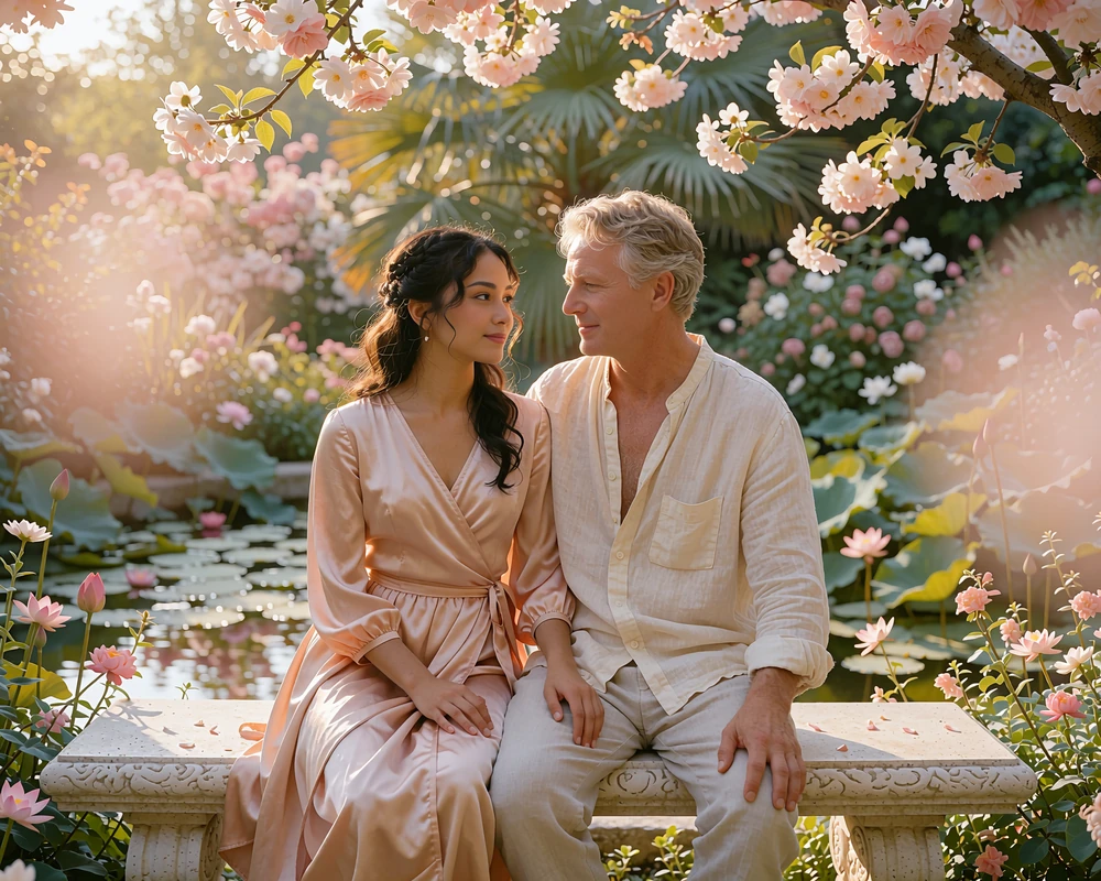 Couple sitting together on a stone bench beside a lotus pond, talking and smiling at each other