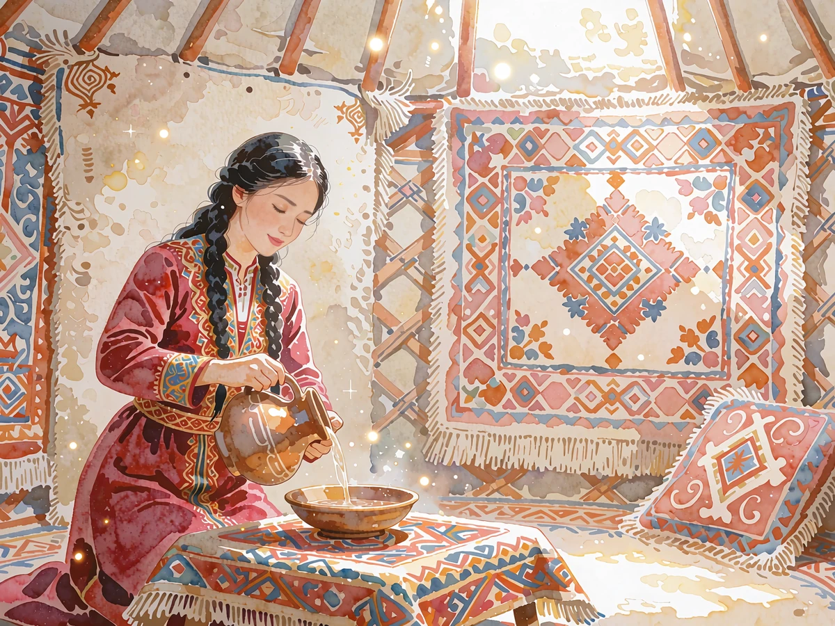 Kazakh woman in a wine-red embroidered dress pouring tea in a bright felt yurt interior decorated with woven wall hangings