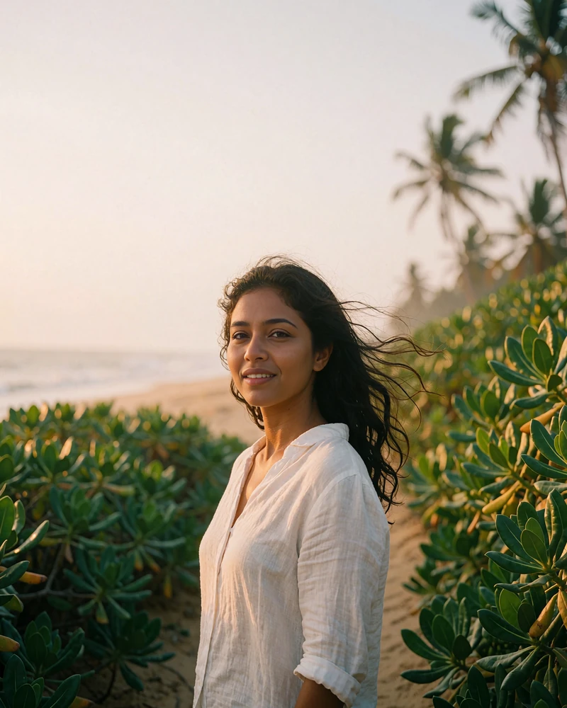 Sri Lankan member in a white linen shirt walking a quiet beach path with a light breeze