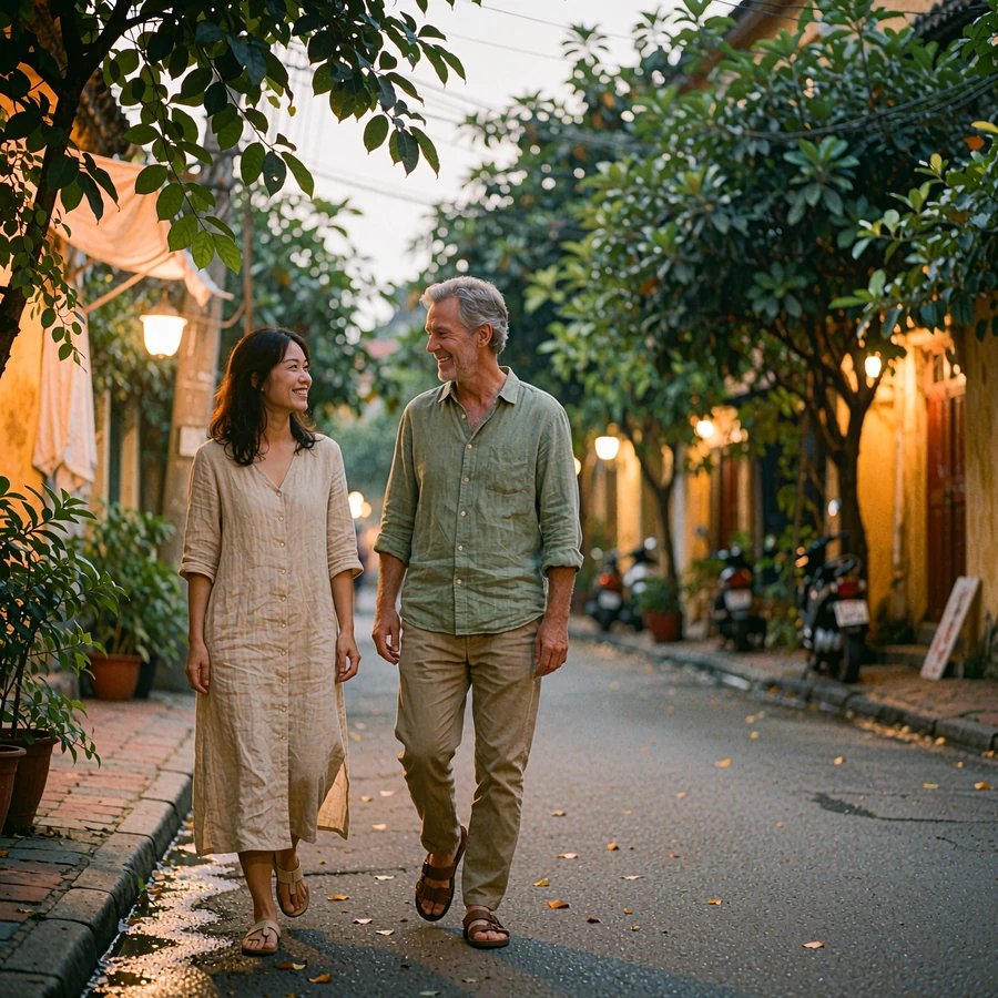 Couple walking slowly along a leafy old-quarter street at dusk, sharing a quiet laugh