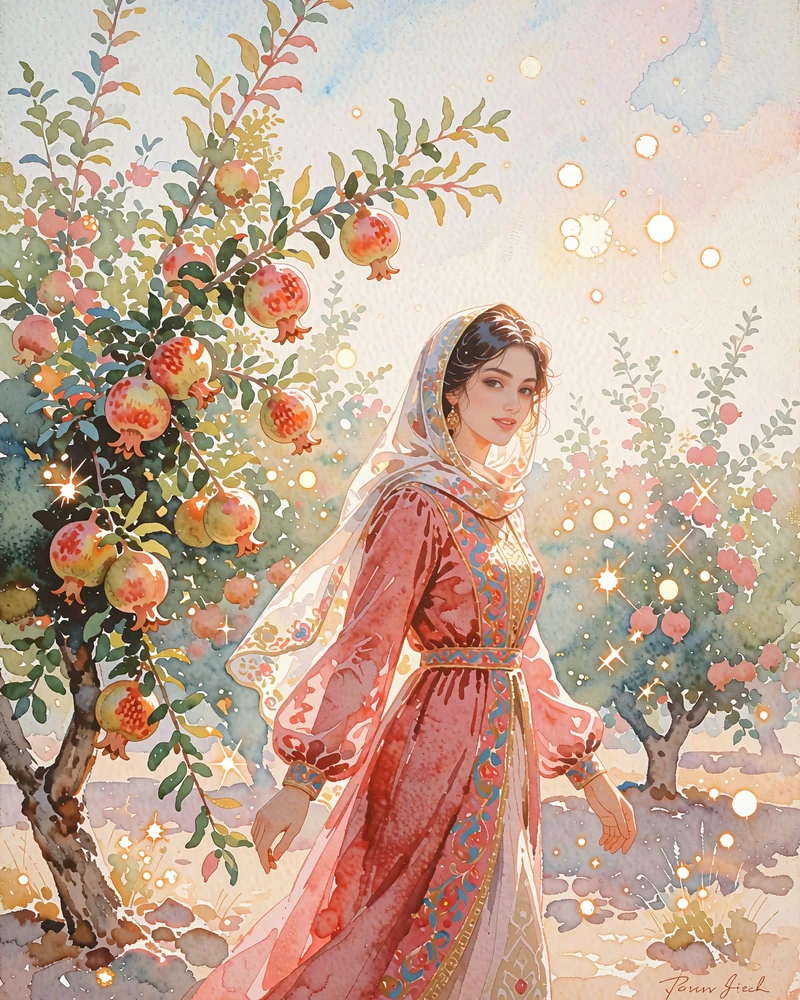 Turkmen member in a long crimson dress walking through a sunlit pomegranate orchard