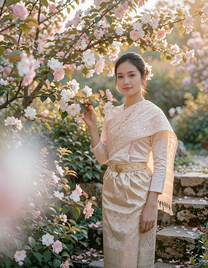 Lao woman in a woven silk sinh skirt standing beside weathered stone temple steps near flowering branches