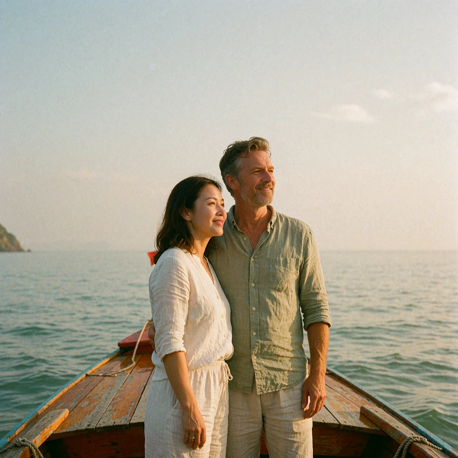 Couple standing on the open deck of a small wooden boat looking toward a calm bay