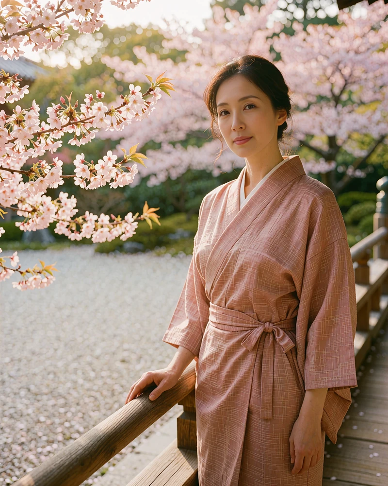 Japanese member in a rose-toned kimono-inspired wrap dress standing in a temple garden