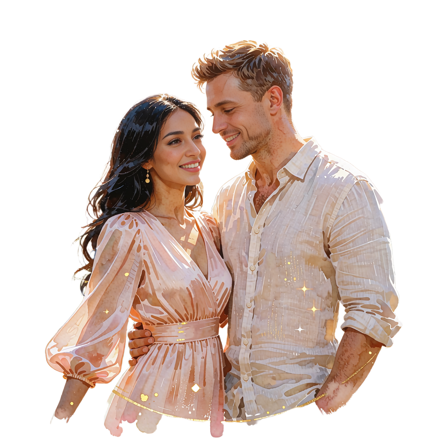 Illustrated couple standing close together in a softly lit garden, smiling toward each other
