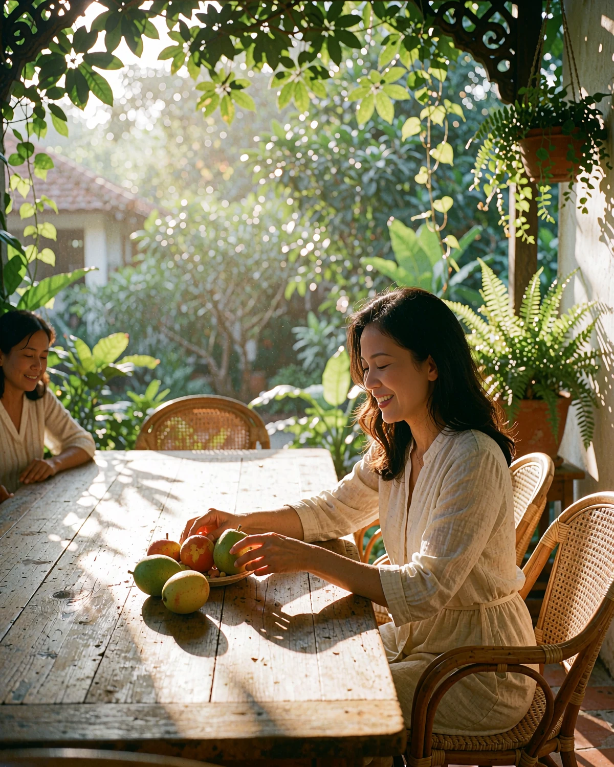Filipina woman laughing while setting fresh fruit on a long wooden table on a shaded tropical veranda
