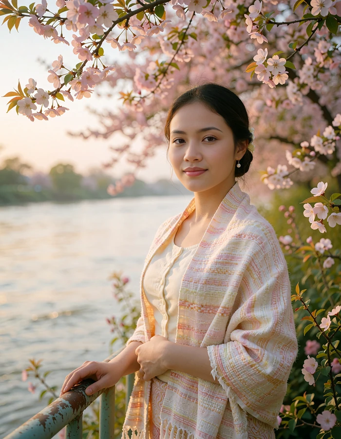 Burmese member in a pastel shawl standing at a riverside railing at golden hour