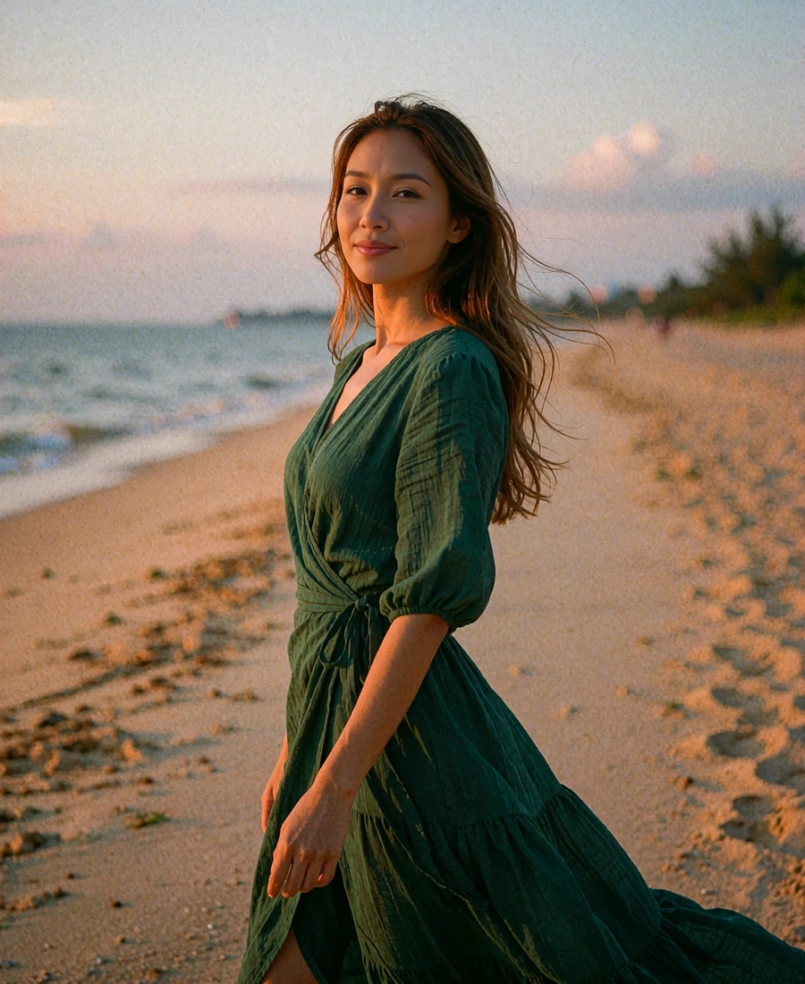 Thai woman in a deep-green wrap dress standing on a quiet beach path at dusk