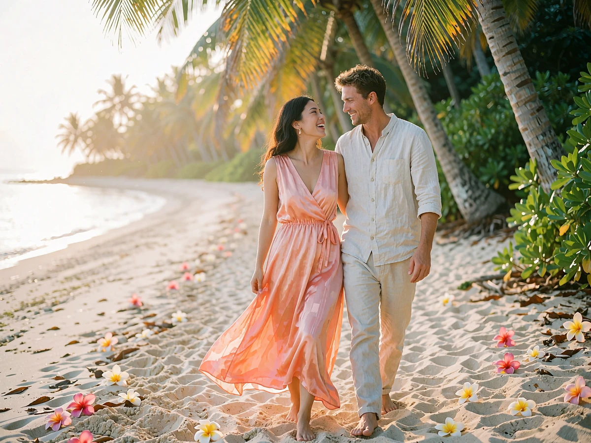Indonesian woman in a coral silk dress and a Western man in a linen shirt walking along a calm palm-lined shoreline at dusk