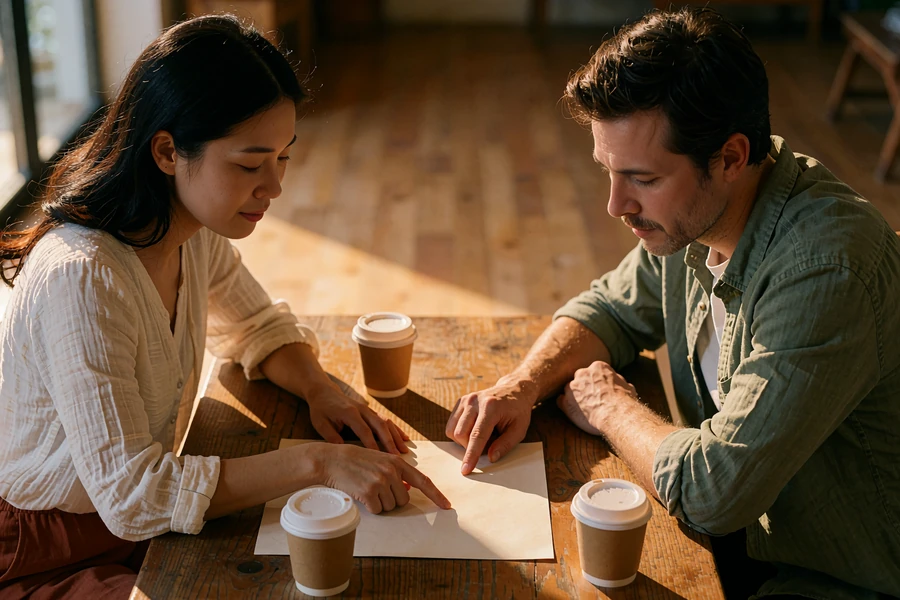 A woman and a man lean together over a table, planning travel side by side