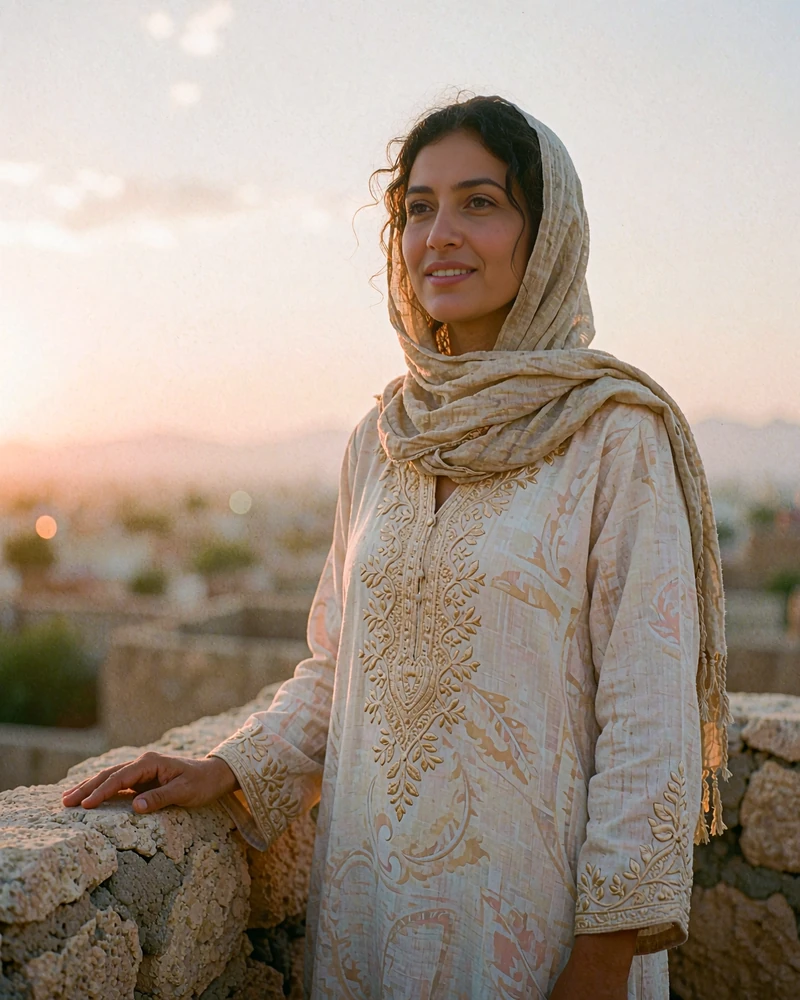 Yemeni woman in a sand-toned headscarf standing on a stone rooftop terrace at dusk