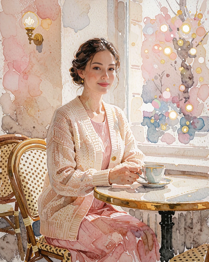 Kyrgyz woman in a cream knit cardigan seated at a small café table beside a bright window