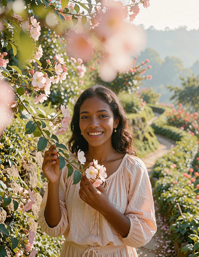 Timorese woman smiling on a hillside garden path holding a flowering branch