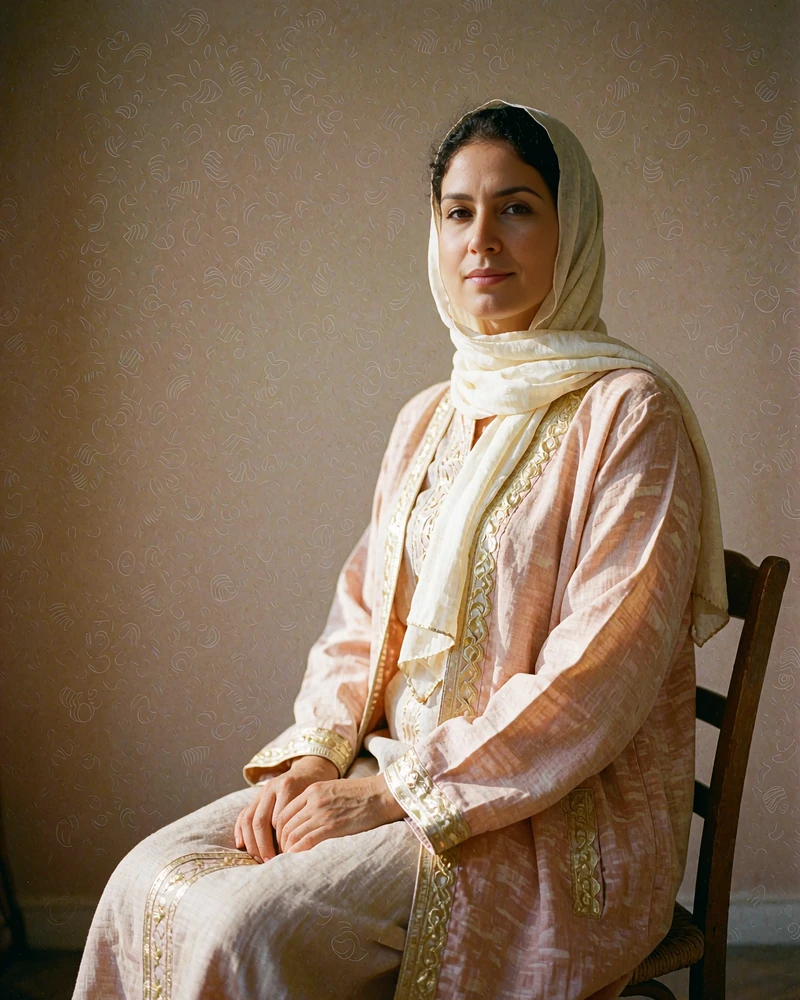 Composed Yemeni woman in a cream headscarf and tailored linen abaya seated with confident posture