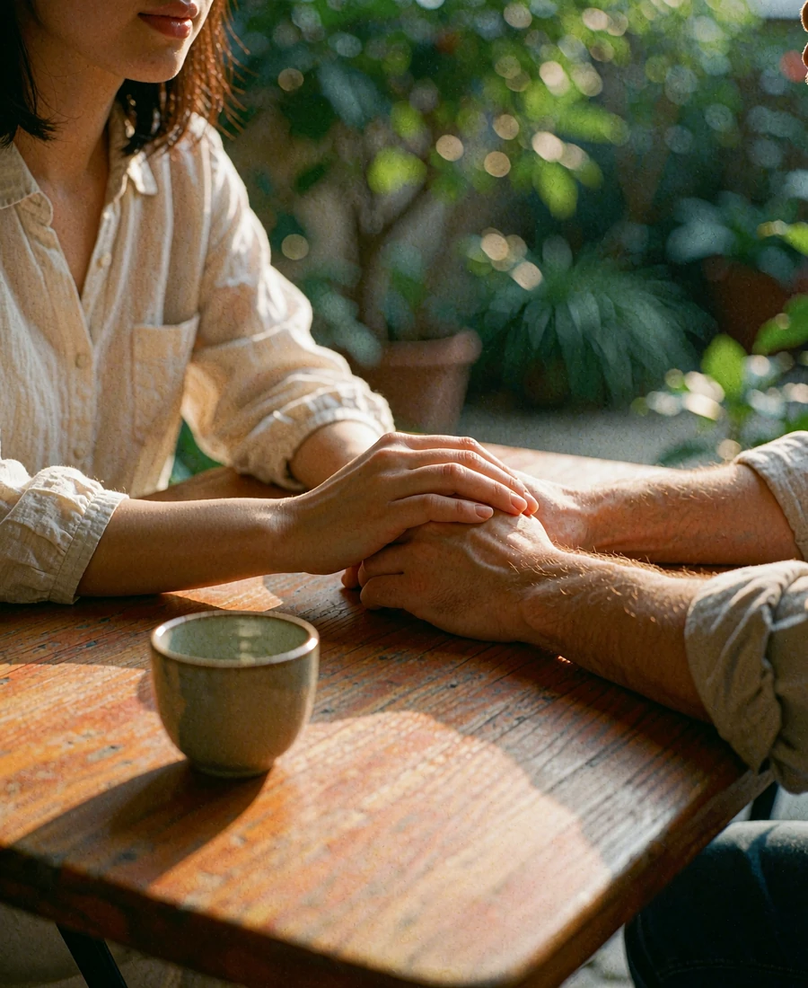 Two hands resting together on a wooden garden cafe table during a quiet, reassuring conversation