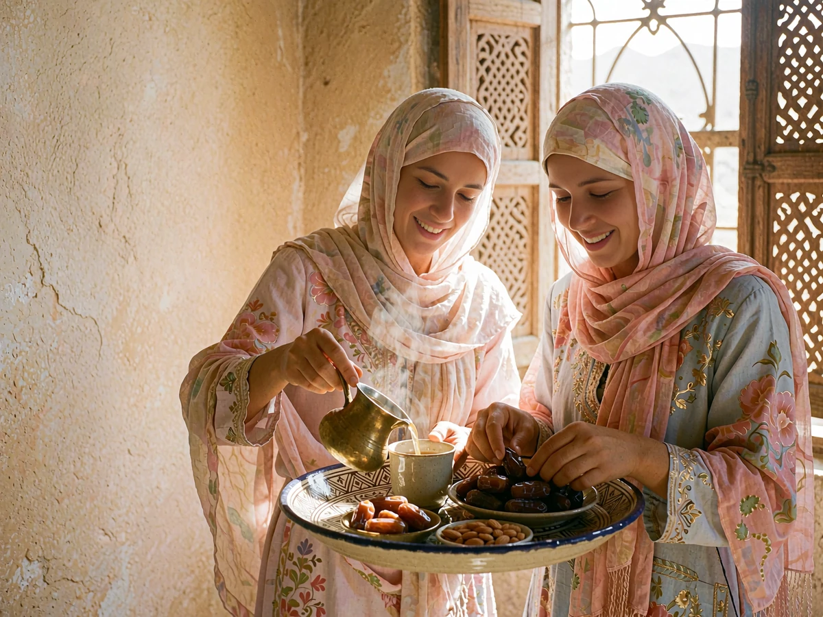 Two Yemeni women in soft headscarves preparing a traditional coffee and date tray by a sunlit window