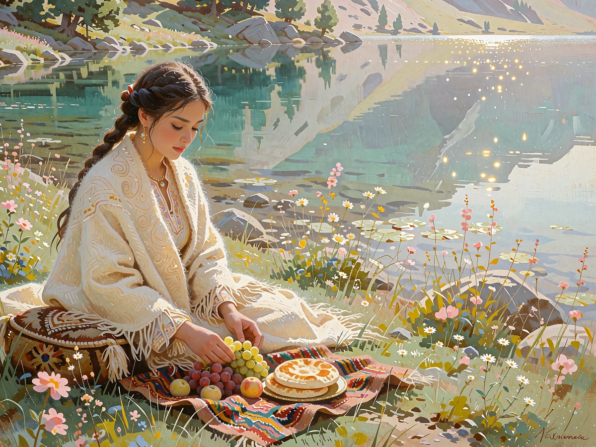 Kyrgyz woman in an ivory wool wrap arranging fruit and flatbread on a woven cloth beside a still turquoise mountain lake