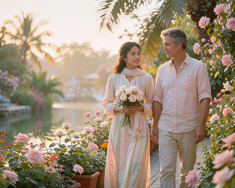 Bruneian woman and a Western man walking together along a flower-bordered waterfront promenade, she carrying a small bouquet of pale roses