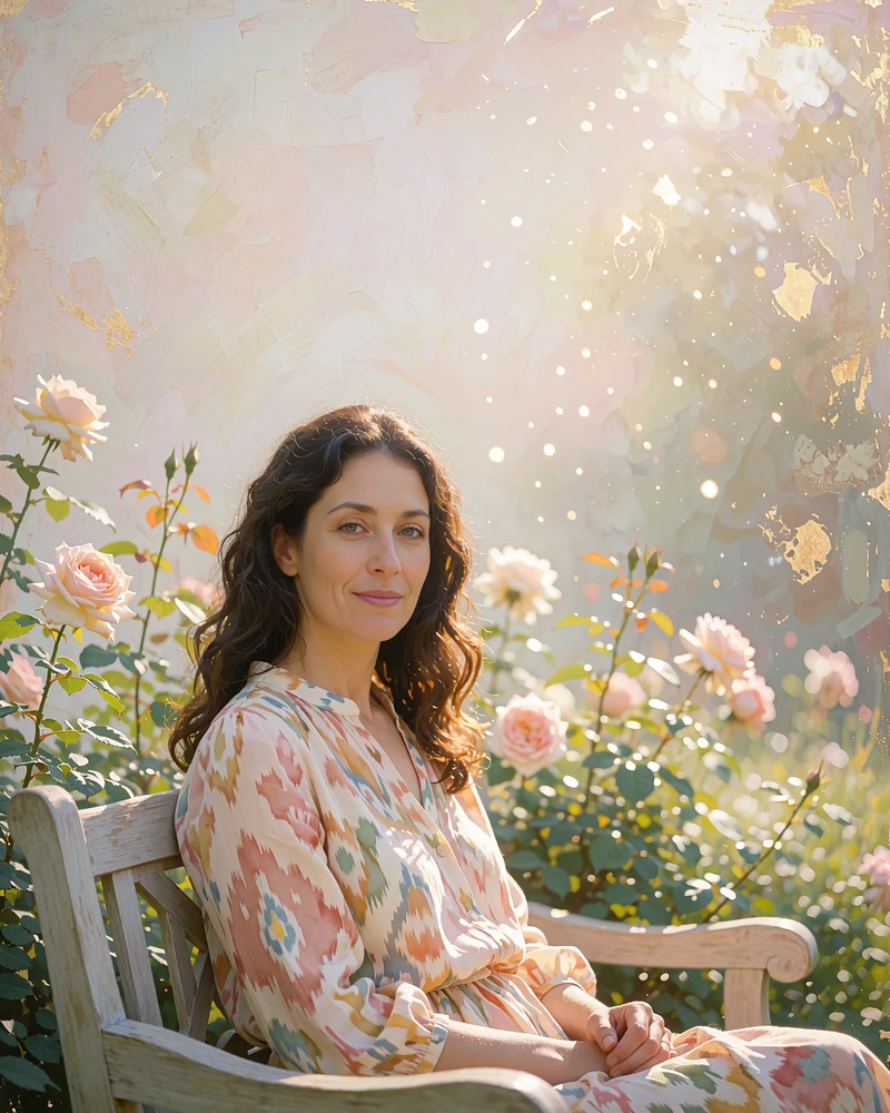 Uzbek woman in a blush ikat blouse smiling on a garden bench surrounded by roses