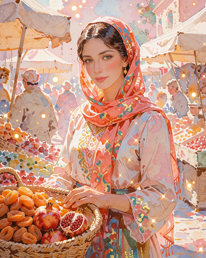 Tajik member in a coral headscarf standing beside baskets of dried apricots at a market