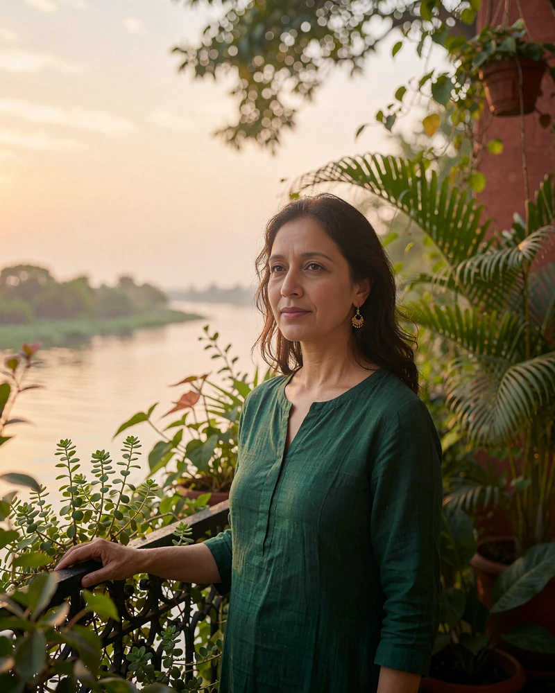 Bangladeshi woman in an emerald kurta standing on a plant-filled balcony at golden hour