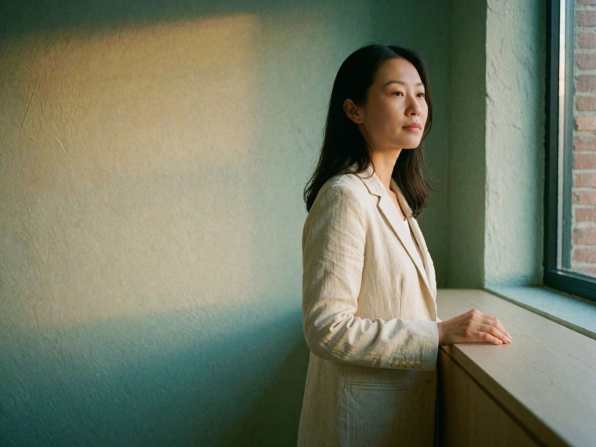 Professional Asian woman in a cream blazer standing by a pale wood console near a sunlit window