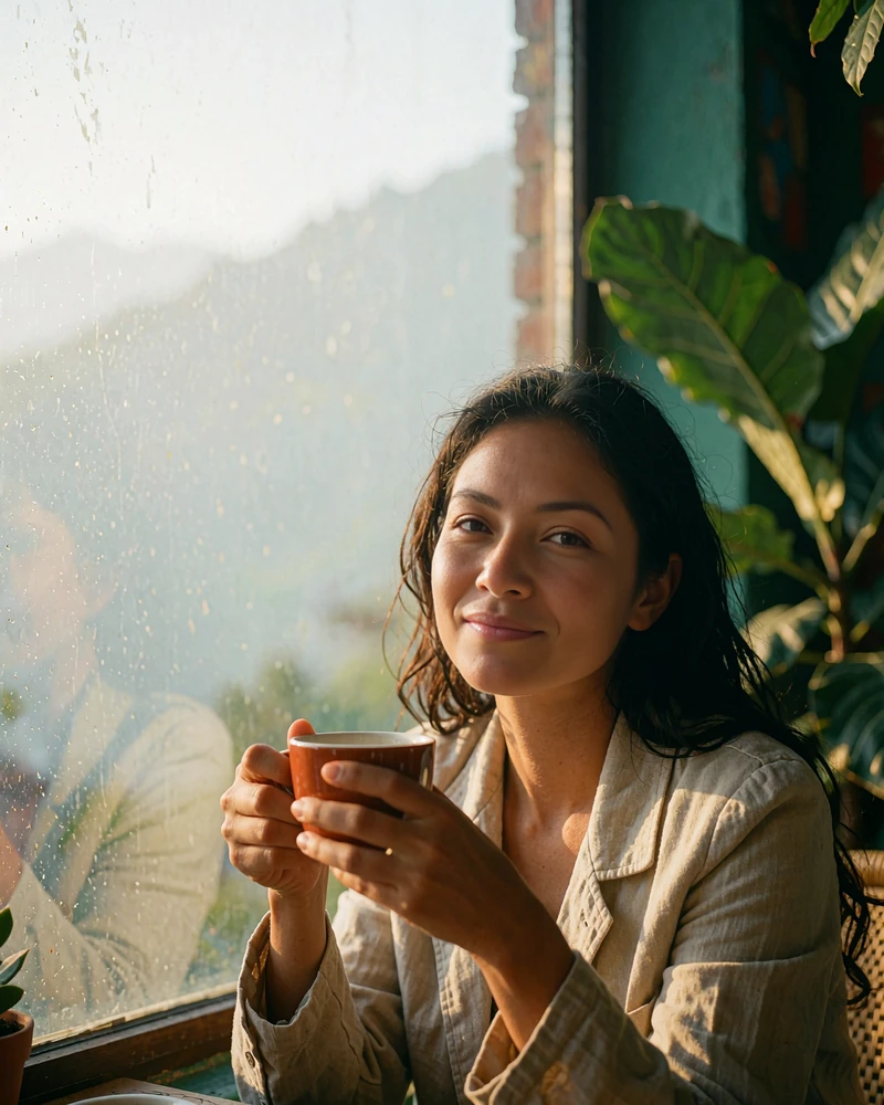 Nepalese member in a linen jacket holding a warm cup while seated by a cafe window