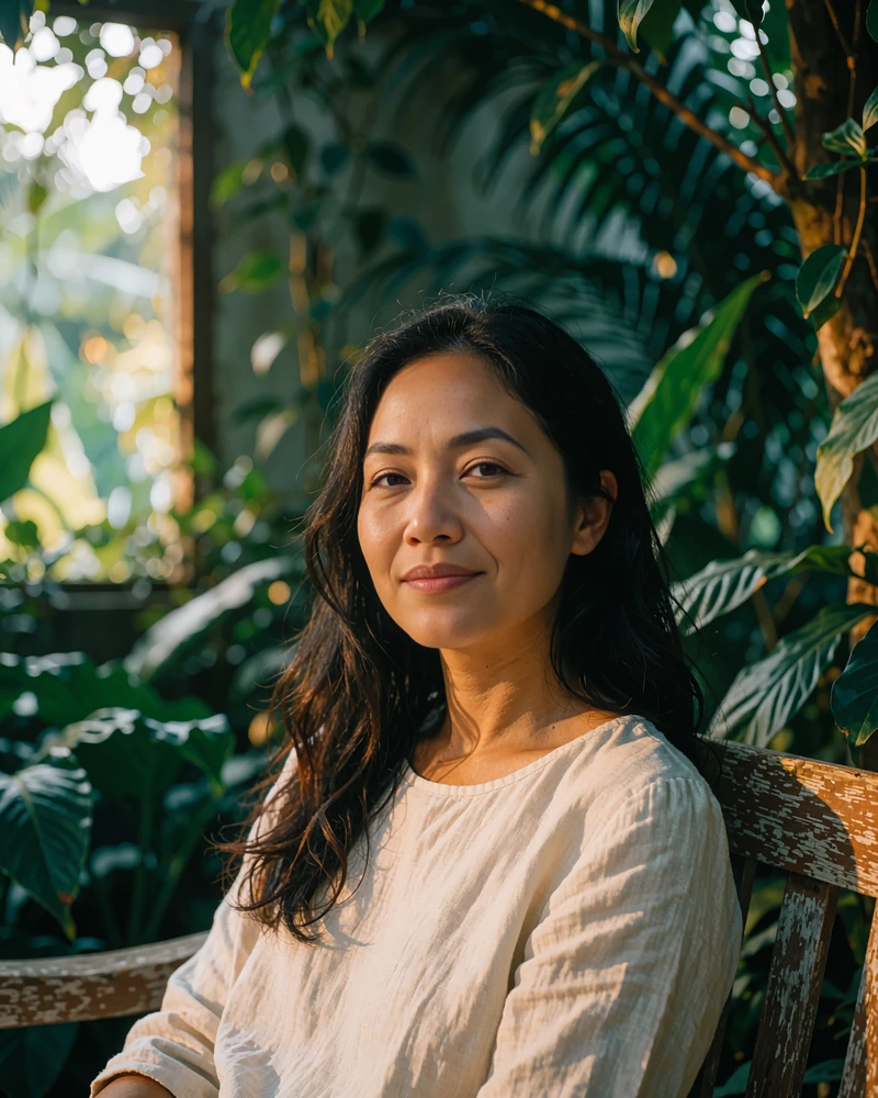 Malaysian woman in a cream linen top seated on a shaded garden bench, smiling warmly