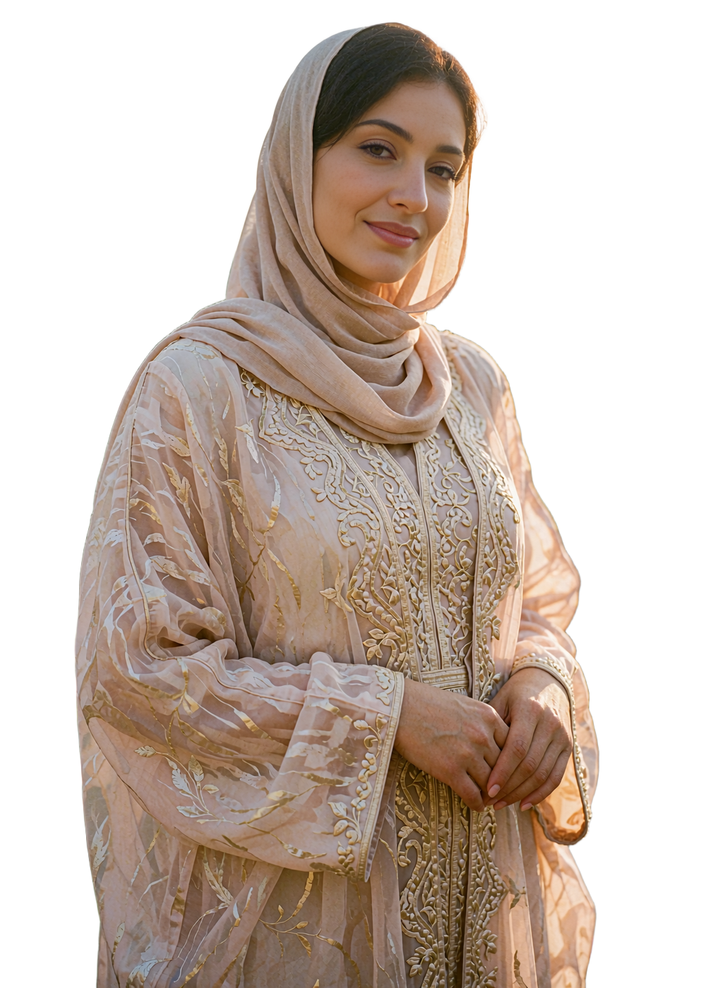 Poised Yemeni woman in a sand-toned headscarf and embroidered abaya with a warm closed-lip smile