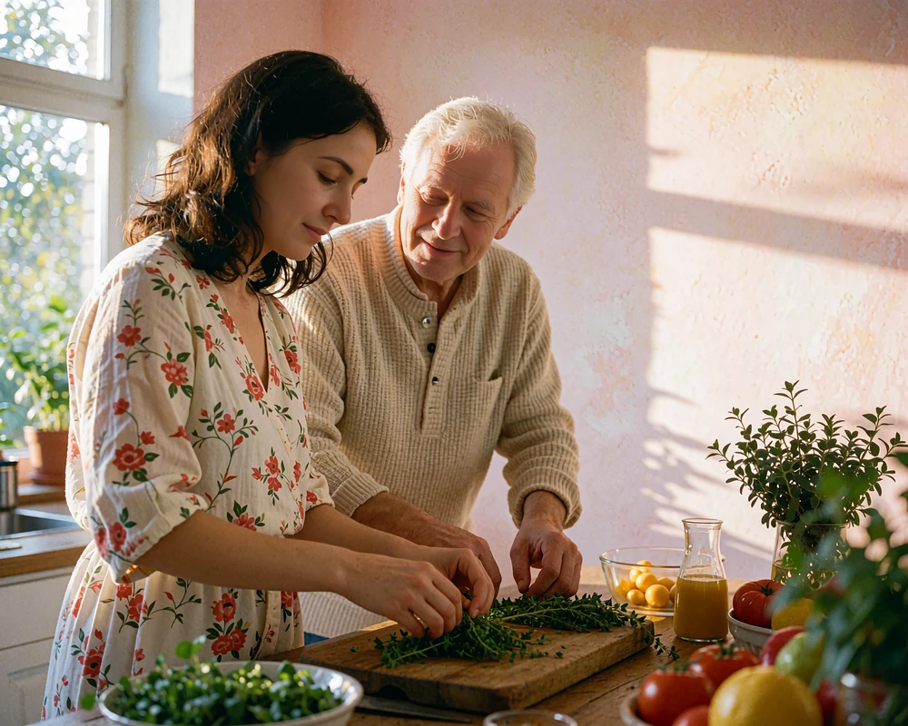 Armenian woman and an older Western man cooking together in a bright home kitchen