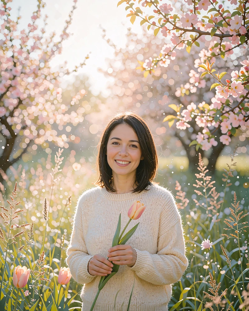 Kazakh woman in a cream knit sweater holding a tulip in a sunlit spring meadow