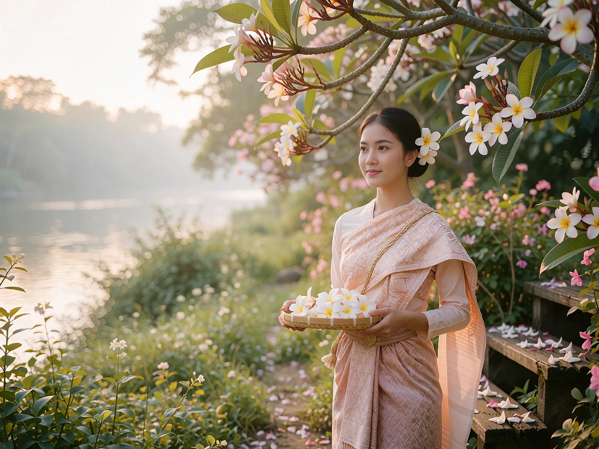 Young woman of Lao heritage in a woven silk sinh skirt holding a bamboo tray of frangipani blossoms beside a riverside garden