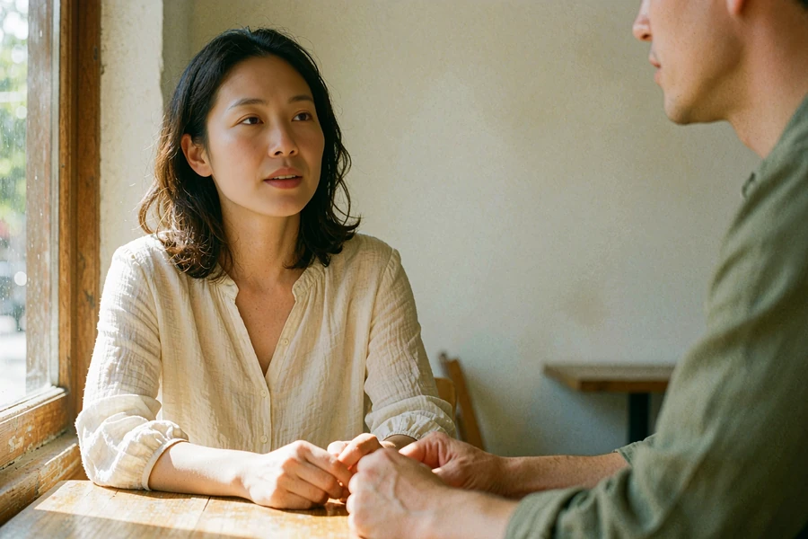 Asian woman in a cream blouse listening attentively at a window-side café table