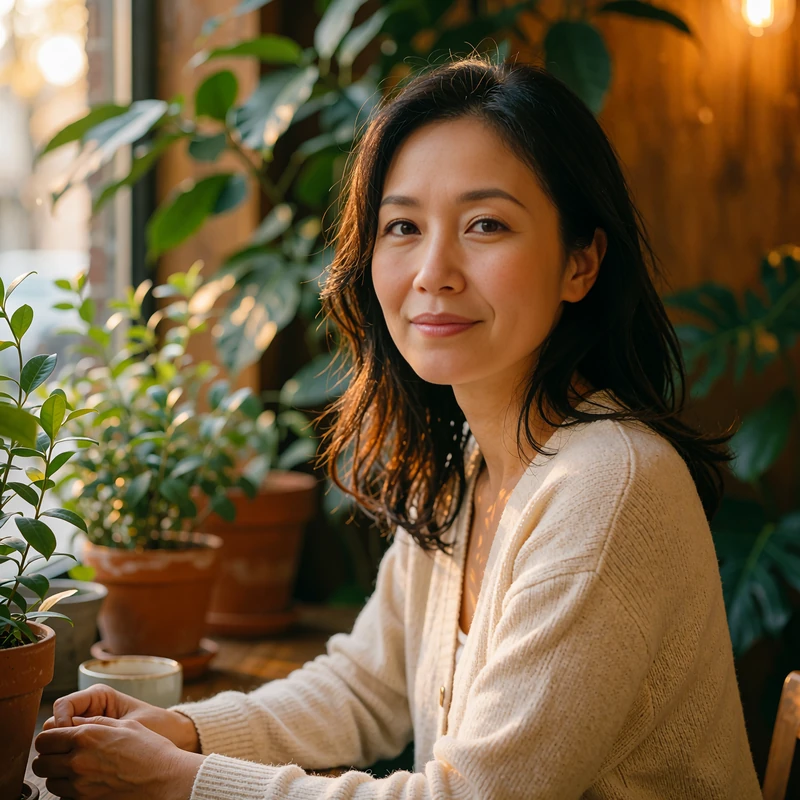 Warm Asian woman in a cream cardigan smiling by a leafy café window