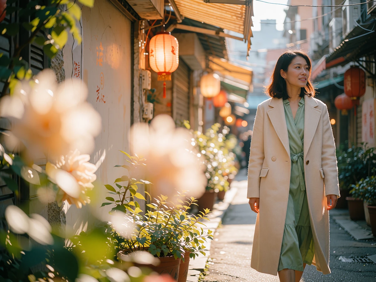 Taiwanese woman in a cream coat walking through a lantern-lit lane at early evening